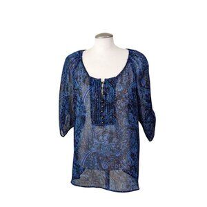 Denver Hayes Womens Blouse Top Plus 2X Blue Sheer Popover Peasant Rolltab Sleeve
